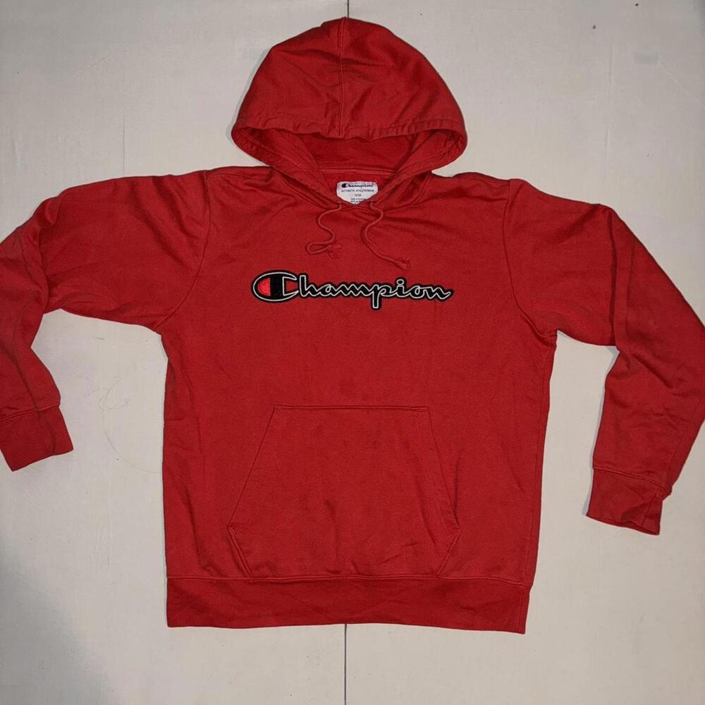 Red Champion hoodie with black patch logo